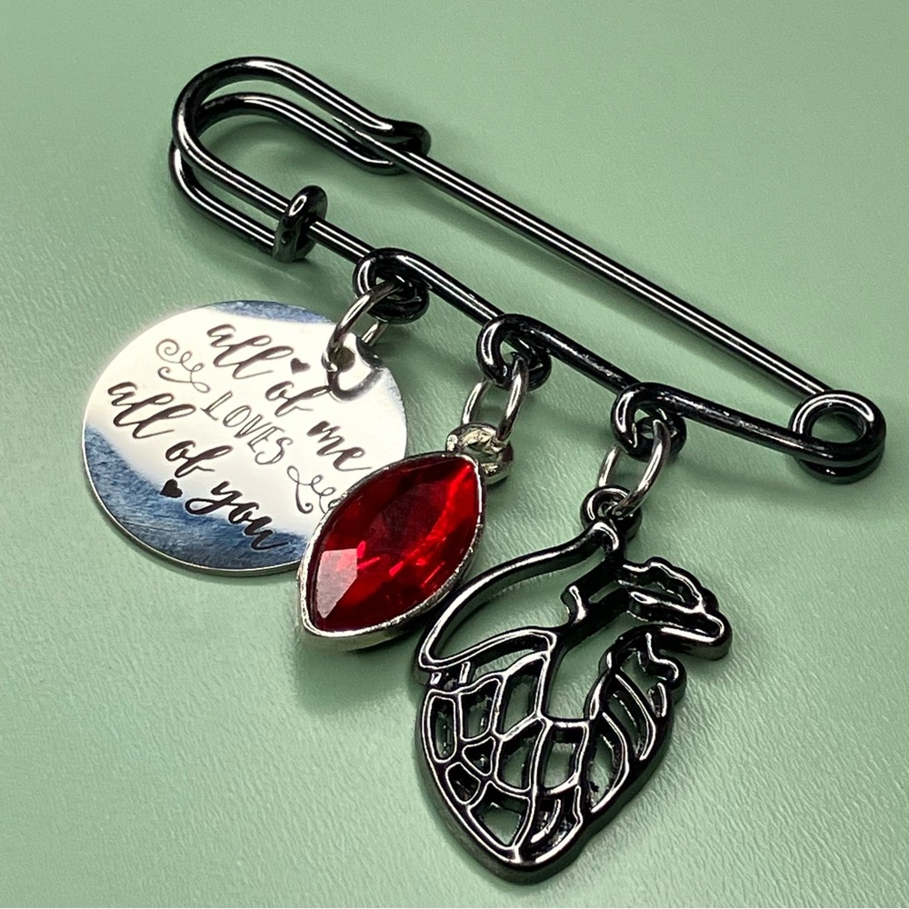 Anatomical Heart Red Rhinestone & Love Quote Charmed Safety Pin Brooch Handmade